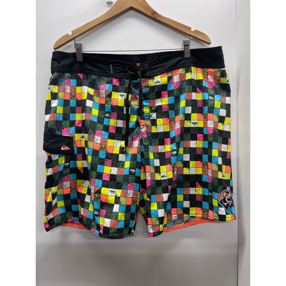 Quiksilver VTG Neon Checkered Board Shorts Size 40 Multicolor Surf Swim Trunks